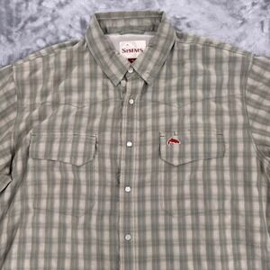 Simms Fishing Mens XL Plaid Short Sleeve Western Snap Vented Shirt Green Tan